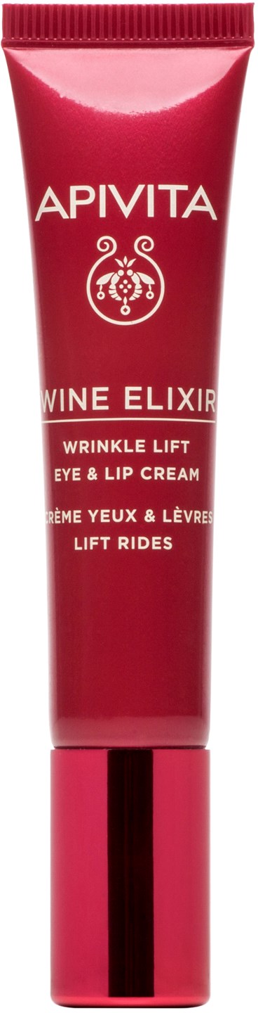 Rød tube med Apivita Wine Elixir øjen- og læbep creme, stimulerer løft og reducerer rynker.