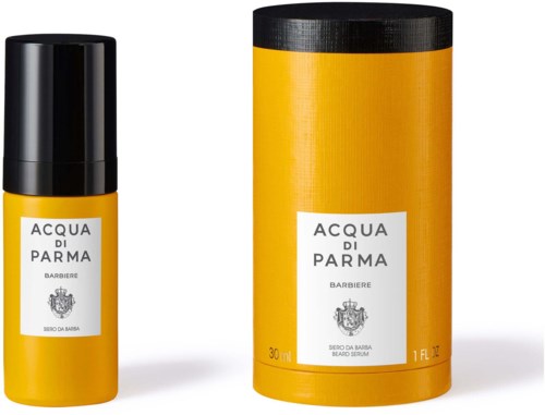 Żółta butelka i żółte cylindryczne opakowanie na serum do brody, oba oznaczone 'Acqua di Parma' i czarne nakrętki.