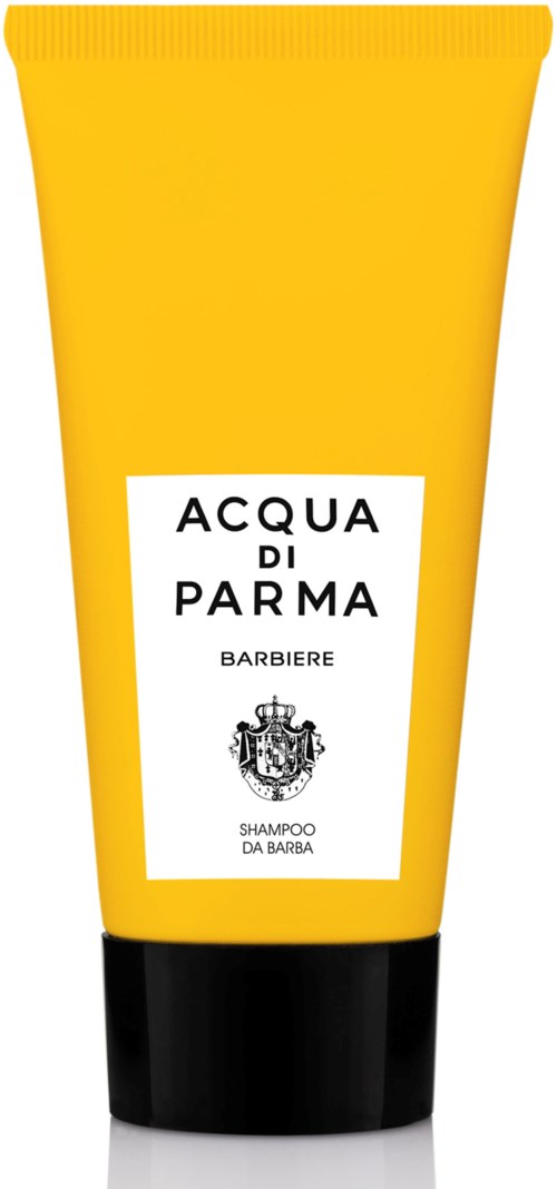 En gul tub med svart lock, märkt 'Acqua di Parma' för skäggschampo.