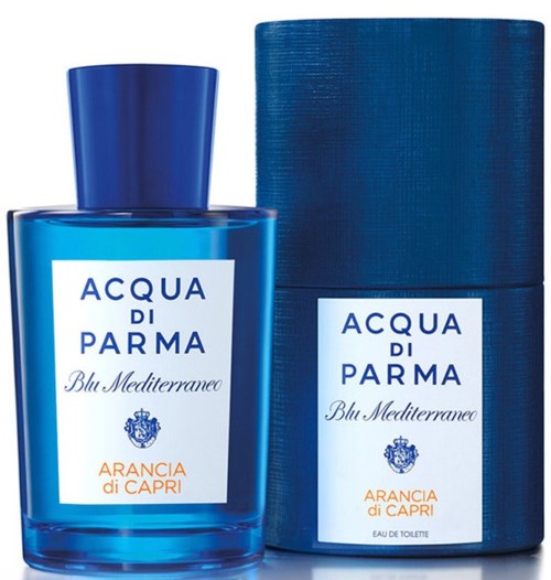 En blå parfume flaske med matchende æske, mærket 'Acqua di Parma Blu Mediterraneo Arancia di Capri'.