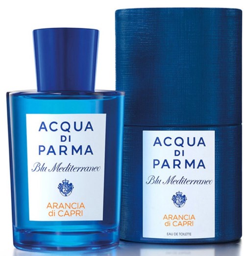 Blå parfymflaska med matchande blå ask. Etiketten säger 'Acqua di Parma Blu Mediterraneo Arancia di Capri.'
