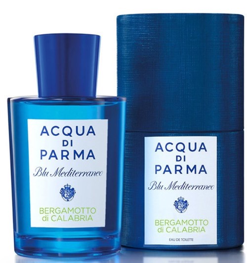Een blauwe parfumfles met bijpassend doosje, met label 'Acqua di Parma Blu Mediterraneo Bergamotto di Calabria.'