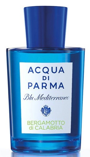 Een blauwe parfumfles met de tekst 'Acqua di Parma Blu Mediterraneo Bergamotto di Calabria.'