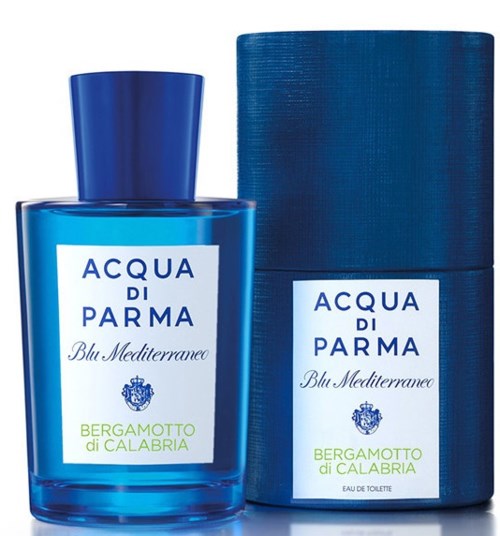 Een blauwe parfumfles met bijpassend doosje, gelabeld 'Acqua di Parma Blu Mediterraneo Bergamotto di Calabria.'