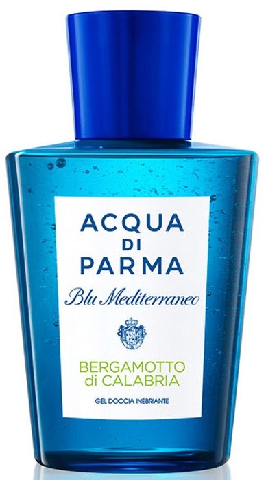 En blå flaske med Acqua di Parma-parfyme, merket Bergamotto di Calabria, med blå lokk og væske inni.