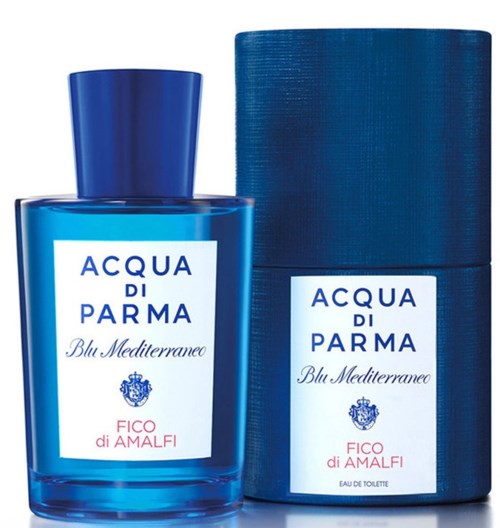 Blå parfymflaska med matchande box, båda etiketterade 'Acqua di Parma Blu Mediterraneo Fico di Amalfi'.