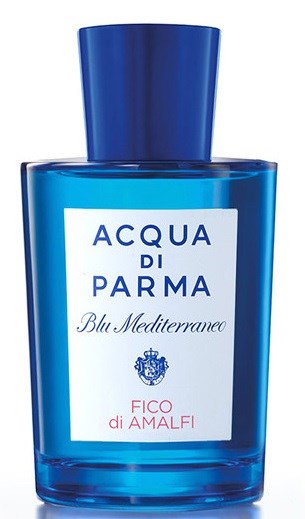 Blå flaska med Acqua di Parma Blu Mediterraneo parfym med etikett och mörkblå kork.