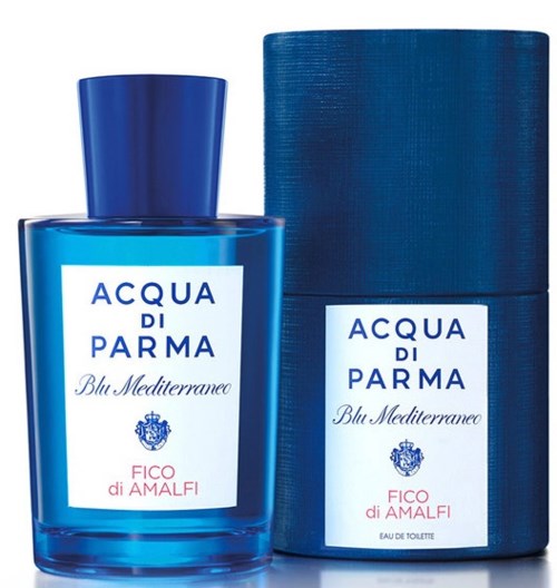 En blå parfymflaska med matchande låda, etiketten läser 'Acqua di Parma Blu Mediterraneo Fico di Amalfi.'