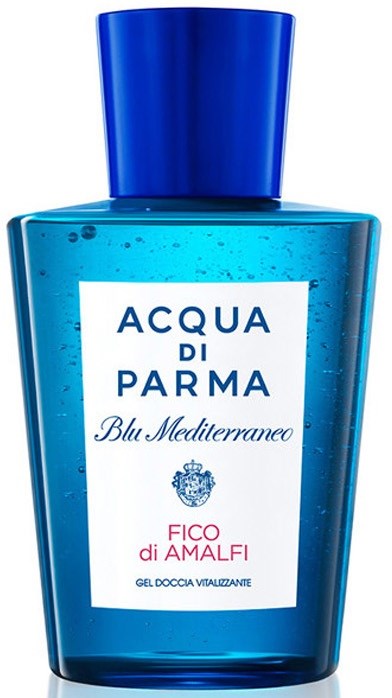 En blå flaske med flytende såpe eller dusjgelen med blå lokk, merket 'Acqua di Parma Blu Mediterraneo' og 'Fico di Amalfi.'