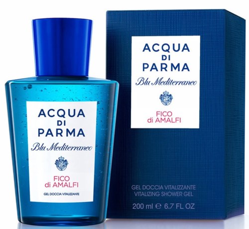 En blå flaske med dusjsåpe og boksen den kommer i, merket 'Acqua di Parma Blu Mediterraneo' og 'Fico di Amalfi'.