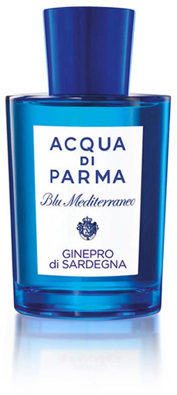 En blå parfymflaska med vit etikett, med italiensk text och en liten dekoration.