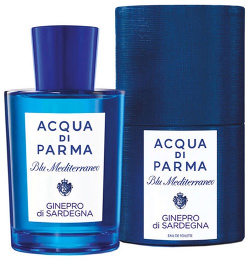 En blå parfyllflaska med tillhörande kartong, märkt 'Acqua di Parma Blu Mediterraneo Ginepro di Sardegna.'