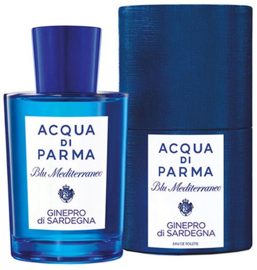 Blå parfyllfångare och låda, båda märkta 'Acqua di Parma Blu Mediterraneo Ginepro di Sardegna.'
