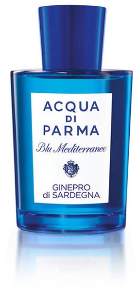 Blå flaska med vit etikett, texten inkluderar 'Acqua di Parma,' 'Blu Mediterraneo,' och 'Ginepro di Sardegna.'