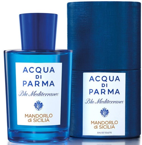 Blue perfume bottle and matching box, labeled 'Acqua di Parma Blu Mediterraneo Mandorlo di Sicilia.'