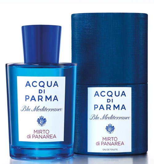 Blauwe parfumfles en doos met witte label, gemarkeerd 'Acqua di Parma Blu Mediterraneo Mirto di Panarea.'