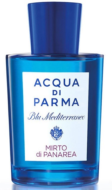 Niebieska butelka perfum Acqua di Parma z białą etykietą, niebieską nakrętką i tekstem na etykiecie.