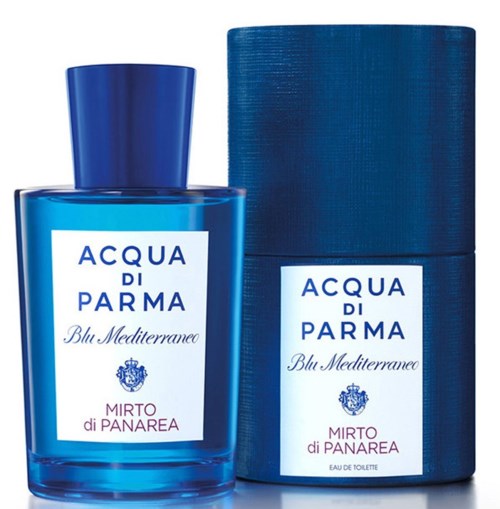 Niebieska butelka perfum z opakowaniem, oba oznaczone 'Acqua di Parma Blu Mediterraneo Mirto di Panarea.'