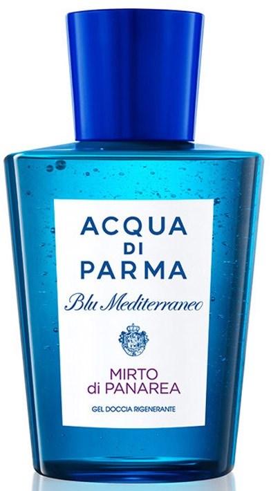 En blå flaske med Acqua di Parma Blu Mediterraneo Mirto di Panarea dusjsåpe.