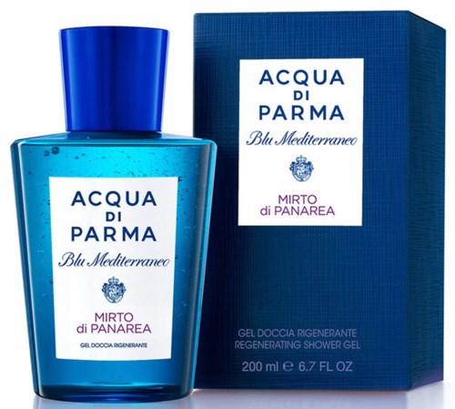 En blå flaske og eske med ACQUA DI PARMA Blu Mediterraneo Mirto di Panarea dusjsgel. Flasken er gjennomsiktig. Esken er mørk blå.