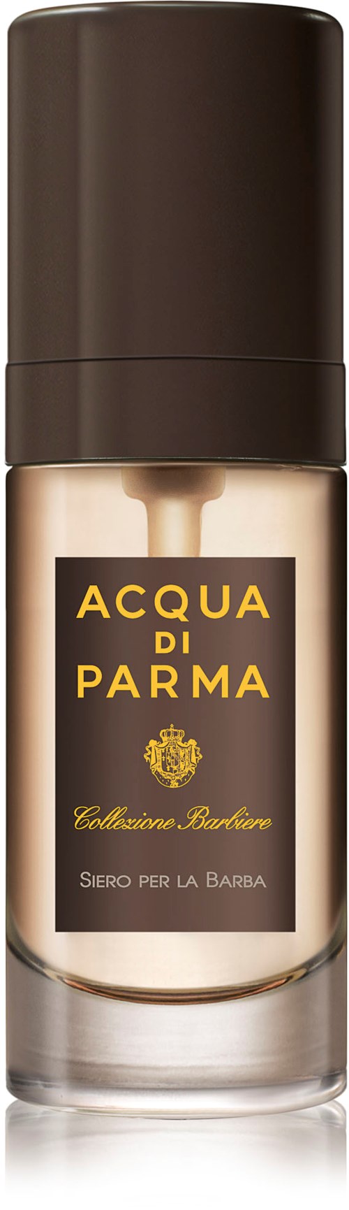En flaska med Acqua di Parma skäggserum från Collezione Barbiere-serien med svart lock och guldig etikett.