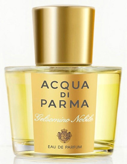 En gul parfymflaska med guldlock, märkt 'Acqua di Parma' och 'Gelsomino Nobile'.