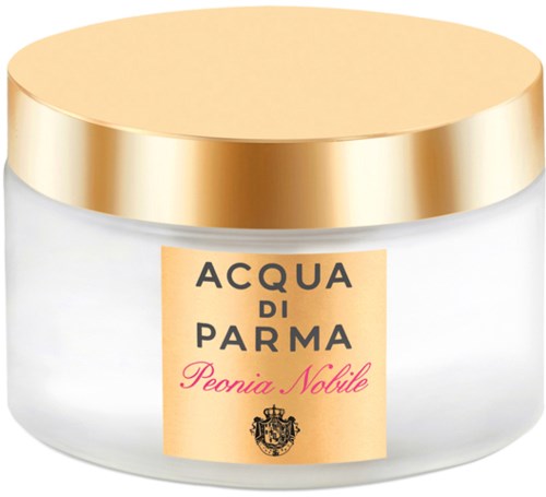 En vit kosmetikatub med guldlock, märkt 'Acqua di Parma Peonia Nobile.'