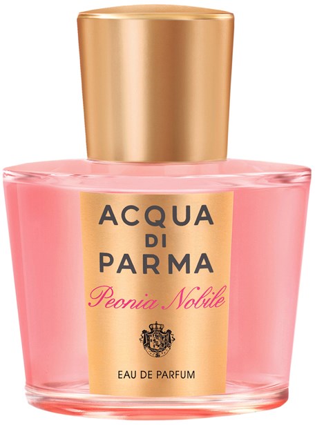 Een roze parfumfles met een gouden dop, gemarkeerd 'Acqua di Parma Peonia Nobile'.