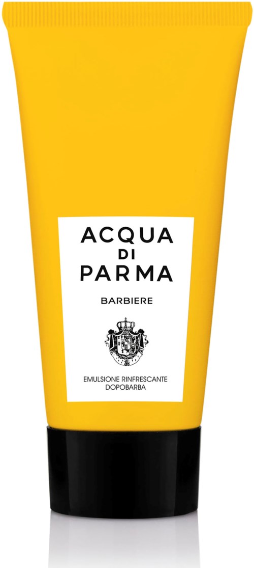 Een gele tube met een zwarte basis, gelabeld 'Acqua di Parma Barbiere' met een wapen in het midden.