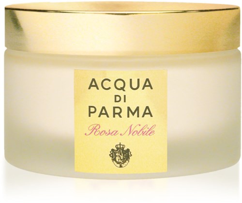 En hvit krukke med gulllokk merket 'Acqua di Parma Rosa Nobile'.
