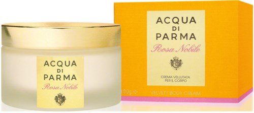 En krukke og eske med Acqua di Parma Rosa Nobile kroppkrem med gul emballasje.