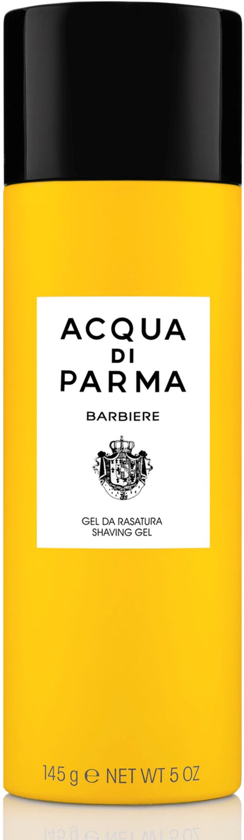 En gul behållare med svart lock, märkt Acqua di Parma, Barbiere, rakgel, 145 gram.