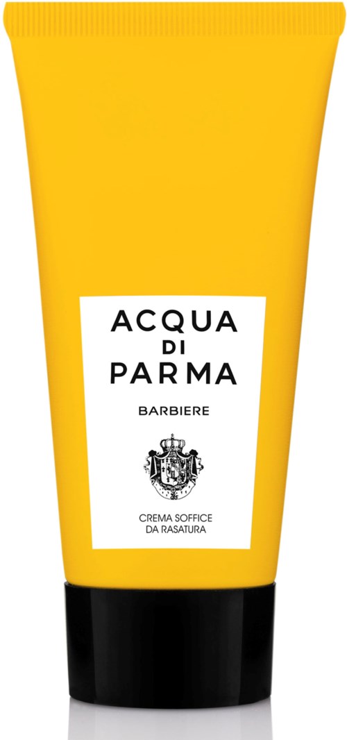 Gult tube för herrrakningskräm med svart lock, märkt 'Acqua di Parma Barbiere.'
