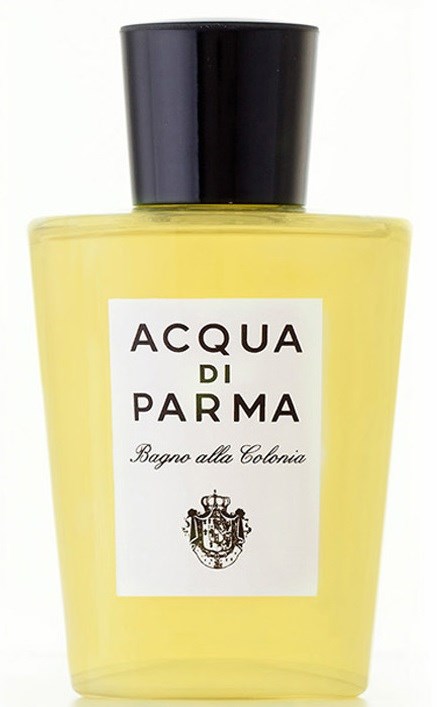Eine gelbe Flasche mit schwarzem Deckel, beschriftet mit 'Acqua di Parma Bagno alla Colonia.'