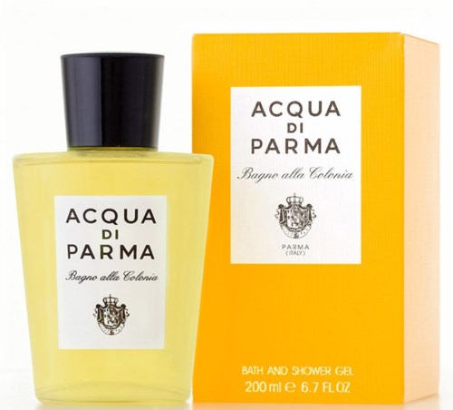 Eine gelbe Flasche und Packung für Acqua di Parma Bad- und Duschgel, mit schwarzem Deckel und weißem Etikett.