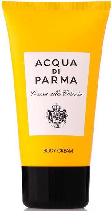 En gul tub med svart botten, märkt 'Acqua di Parma' och 'Body Cream' i svart text.