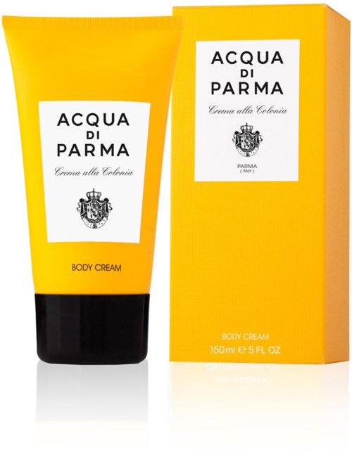 En gul tub och låda med kroppssmörj, märkt 'Acqua di Parma' och 'Body Cream,' 150ml.