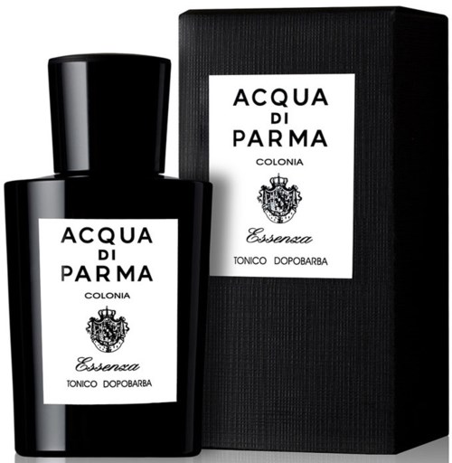 En svart parfyllflaska och box märkt 'Acqua di Parma' med en krönta symbol, dofttyp och varumärkesdetaljer.