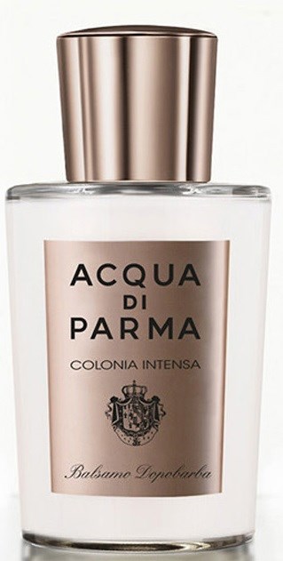 En parfymflaska med beige etikett och guldlock, märkt 'Acqua di Parma Colonia Intensa.'