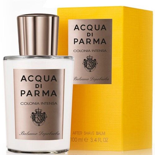 En flaska aftershave med en gul förpackning, båda är för Acqua di Parma Colonia Intensa.
