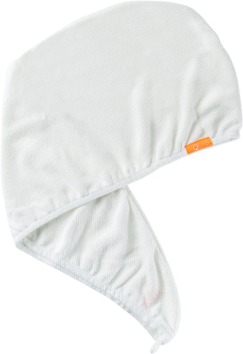 En vit luva- eller huva handduk med liten orange etikett, avsedd för spädbarn eller små barn.