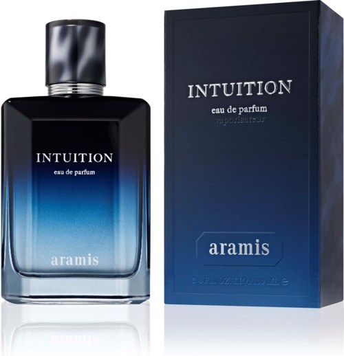 Butelka perfum i opakowanie z czarnym i niebieskim gradientem, oznaczone INTUITION, aramis i eau de parfum.