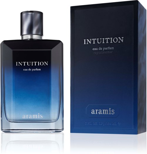Butelka perfum i pudełko oznaczone Intuition marki Aramis, niebieskie przejście koloru, srebrny korek.