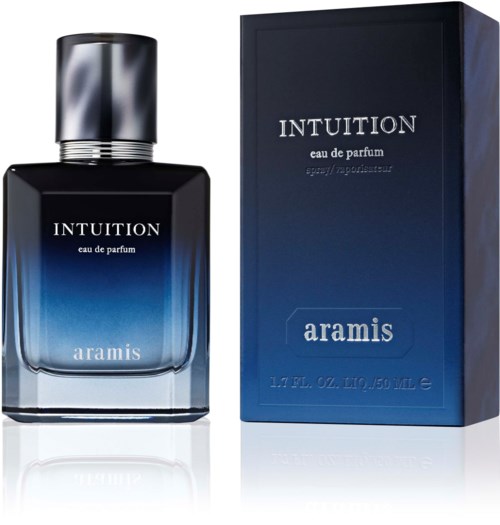 butelka perfum i pudełko z niebieskimi i czarnymi kolorami, oznaczone INTUITION aramis.