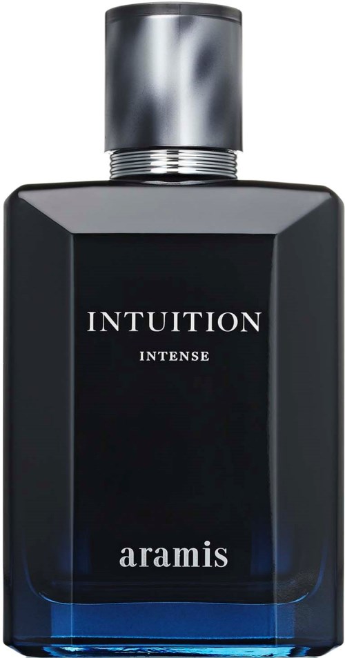 En svart parfymflaska med silverlock, märkt Intuition Intense av Aramis.