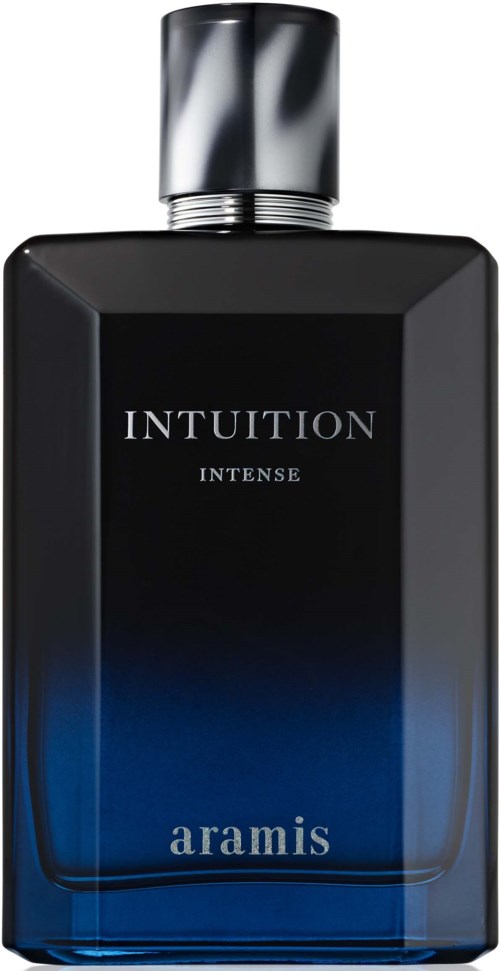 En svart och blå parfymflaska med silverkapsyl, märkt Intuition Intense av Aramis.