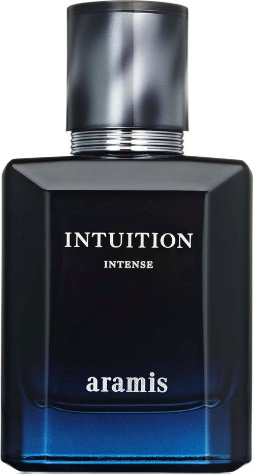 En svart flaska med Aramis Intuition Intense-parfym med silverlock och blå ton i botten.