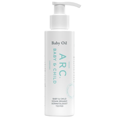 White bottle with pump, labeled 'Baby Oil' for babies and children, eco-friendly and dermatologist tested.
