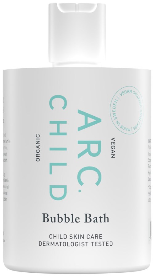 En vit flaska med lock märkt 'A.C. Child Bubble Bath' för barns hudvård, veganskt och ekologiskt.