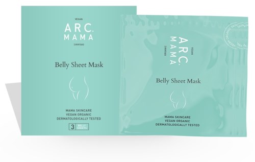 Vegan belly mask packaging with simple text and a logo, in light green color. Contains product details and testing claims.